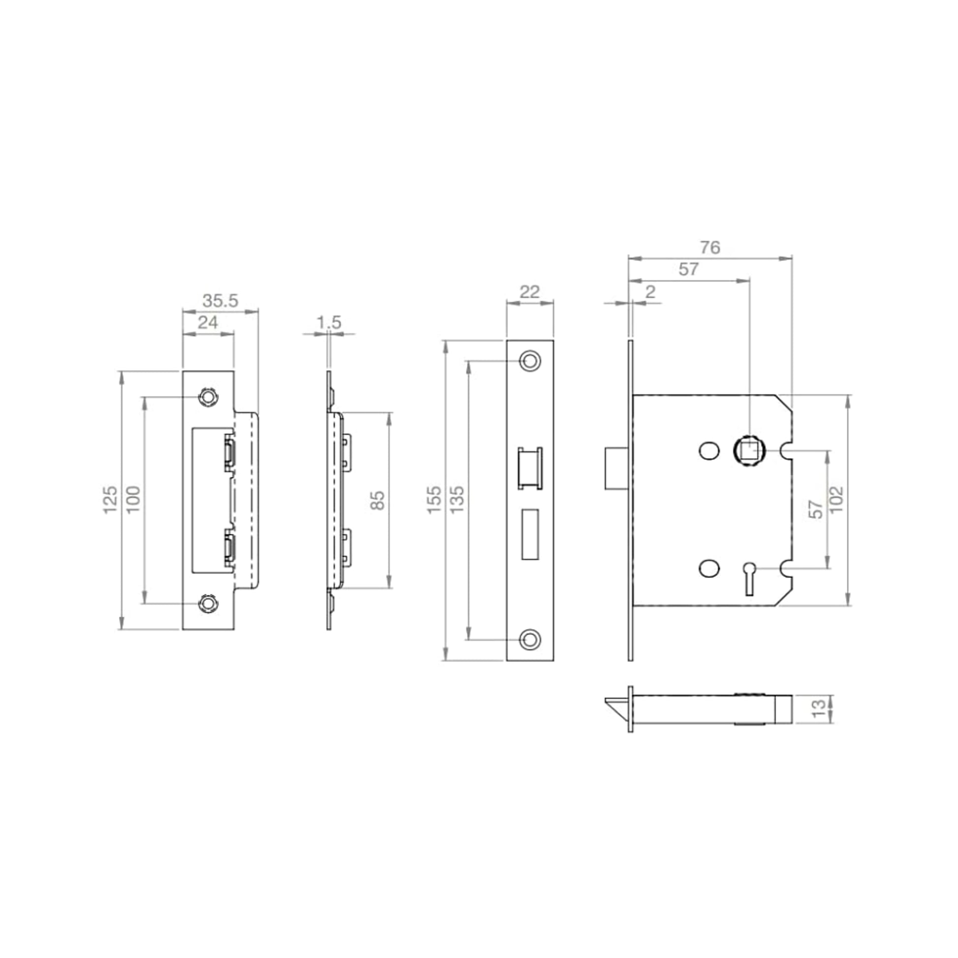 Technical drawing of a 76mm 3 Lever Door Lock on a white background with dimensions.