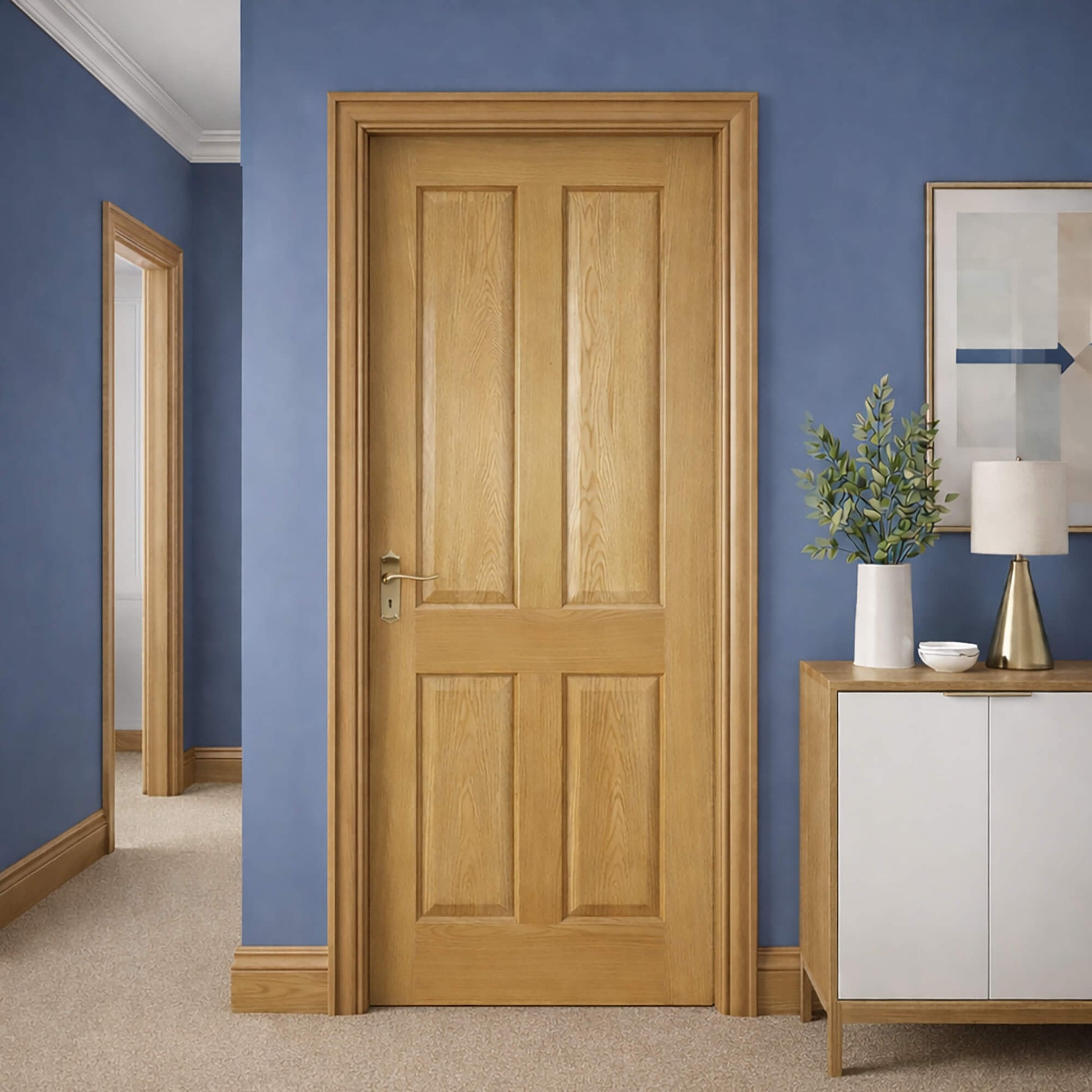 A 4 Panel White Oak Internal Door with oak architrave in a home interior setting