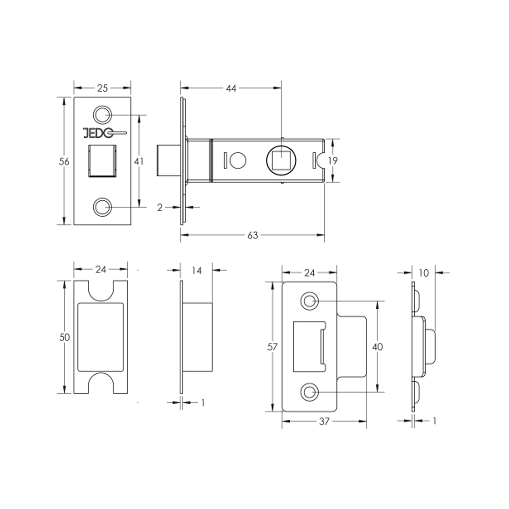 Technical drawing of a 64mm Tubular Latch with dimensions labeled on a white background.