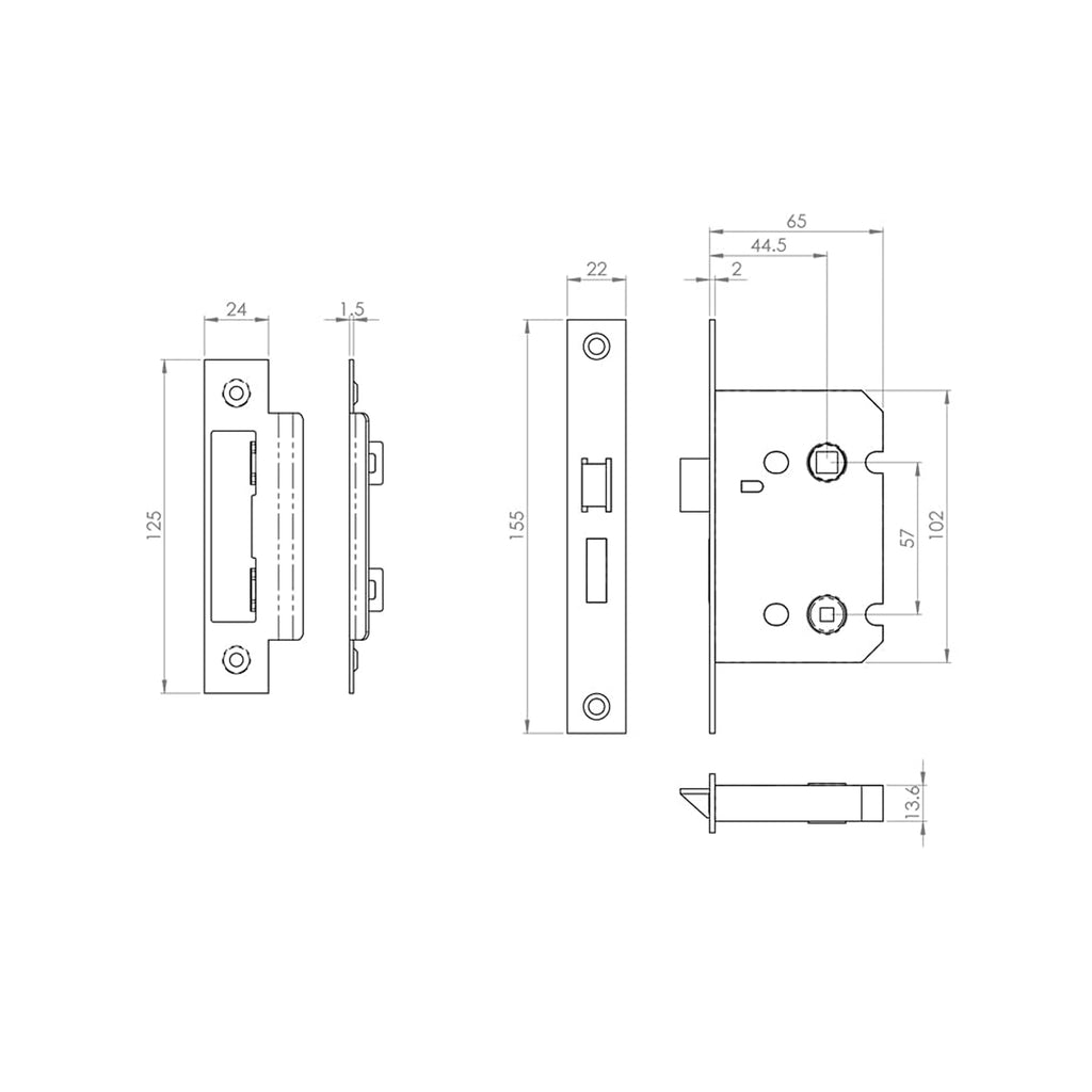 Technical drawing of a 65mm WC Bathroom Lock mechanism on a white background.