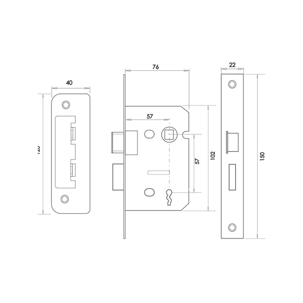 Technical drawing of a 76mm 3 Lever Lock