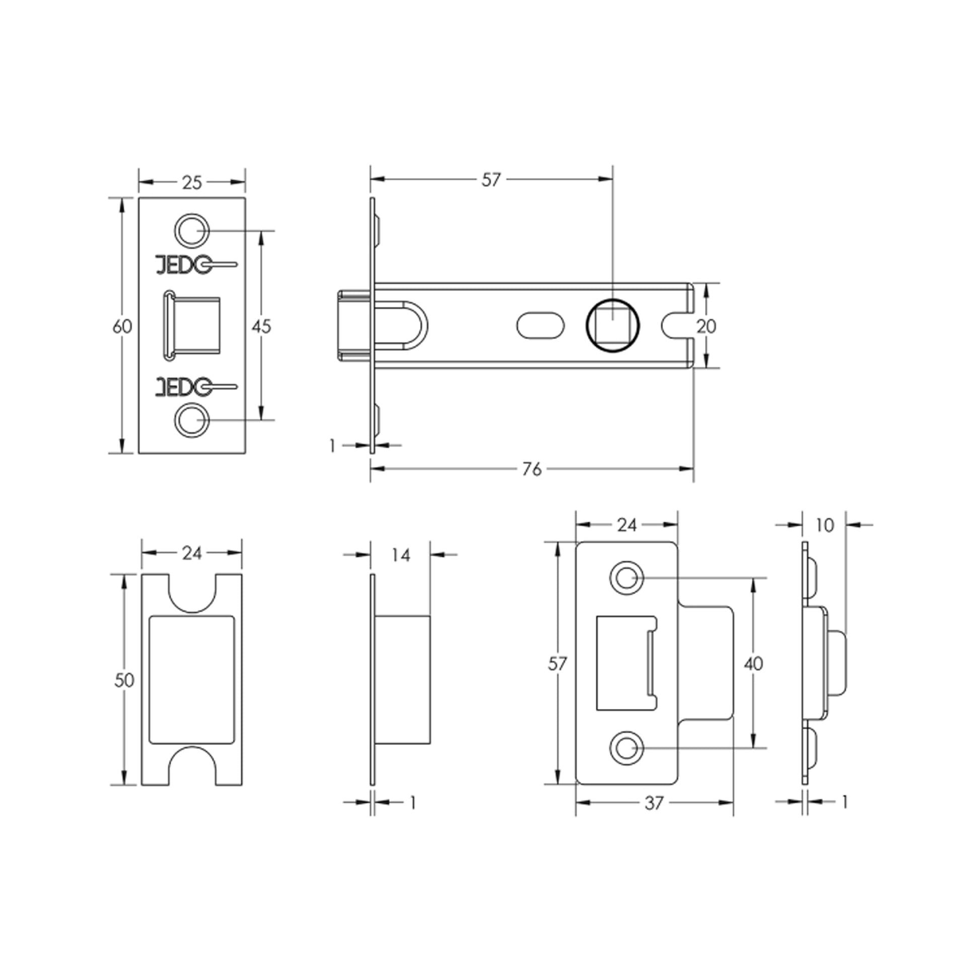 Technical drawing of a 76mm Tubular Latch with dimensions labeled on a white background.