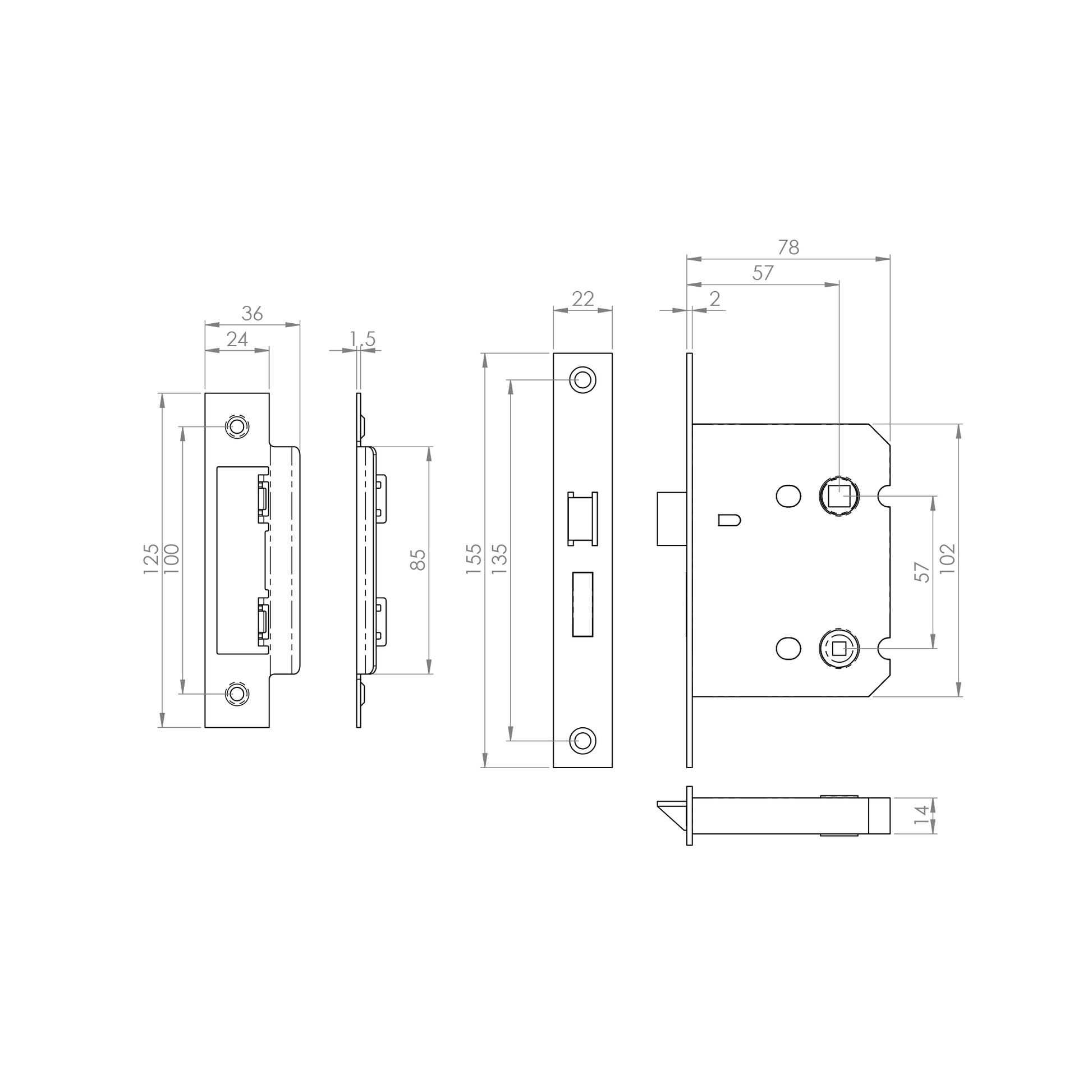 Technical drawing of a 78mm WC Bathroom Lock mechanism on a white background.