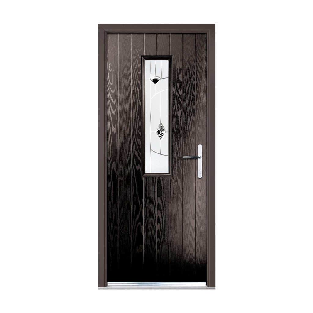 A black Adare External GRP Composite Door with glass panel on a white background.