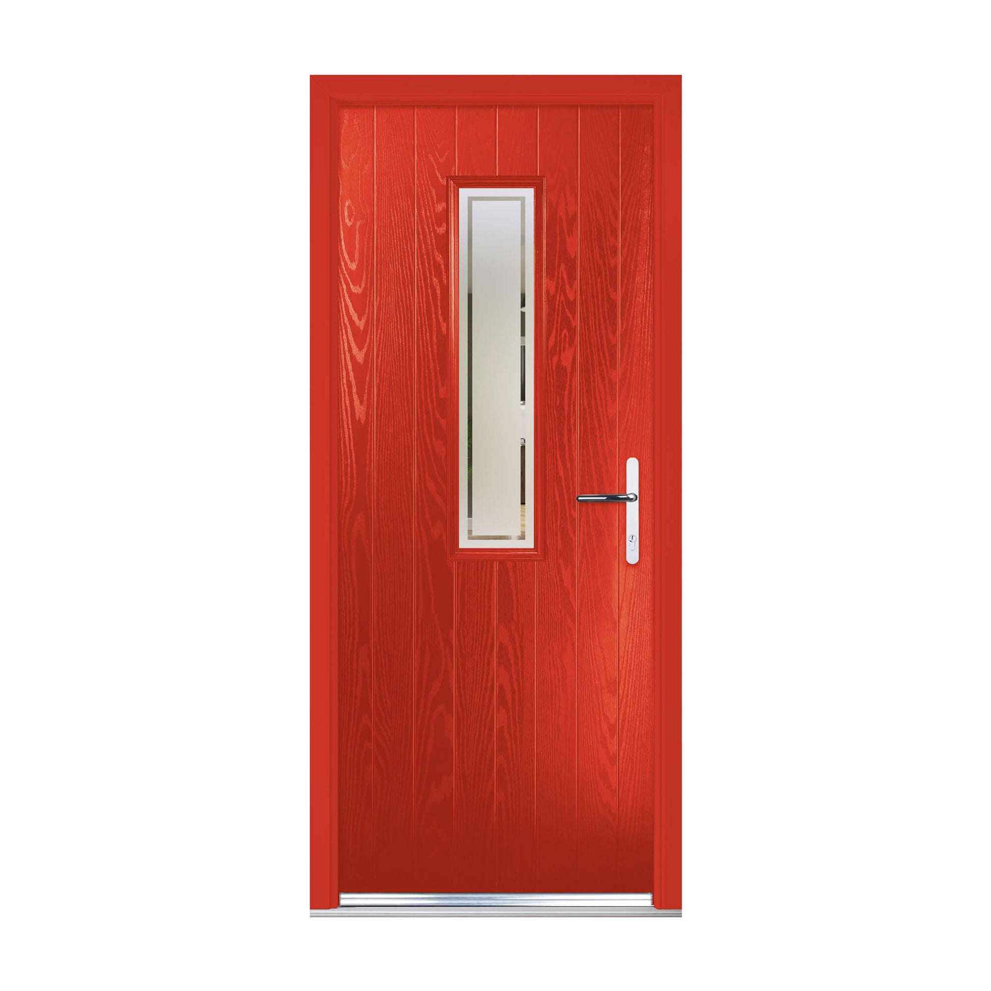 A red Adare External GRP Composite Door with glass panel on a white background.