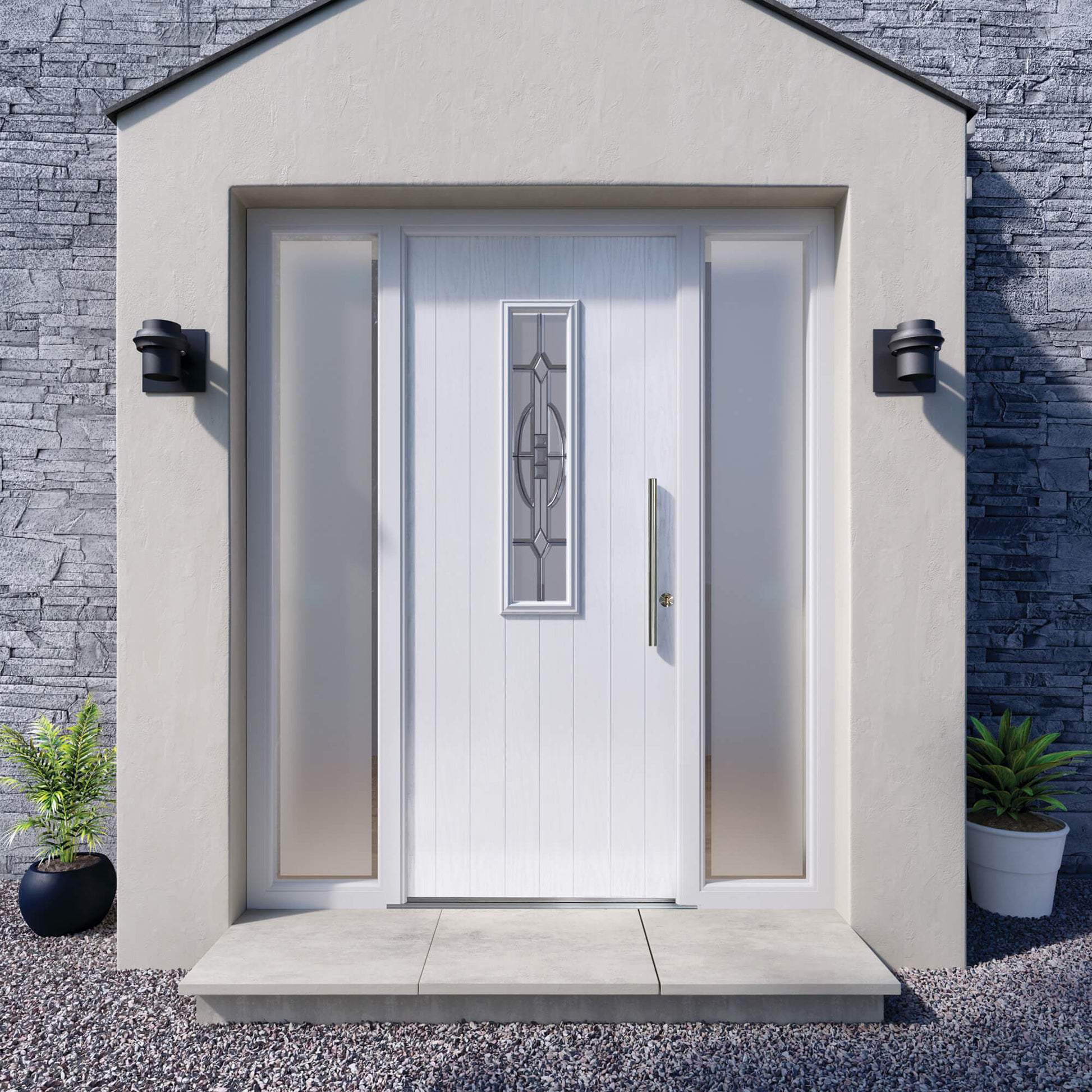 A white Adare External GRP Composite Door with glass panel with sidelights on a modern home front exterior.