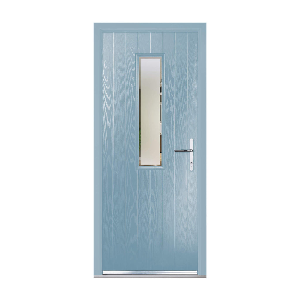 A pale blue Adare External GRP Composite Door with glass panel on a white background.