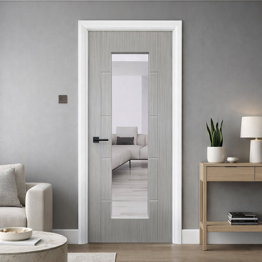 An Iseo Nova Grey 1 Lite Pre-Glazed Internal 35mm Laminate Door in a modern  home interior setting.