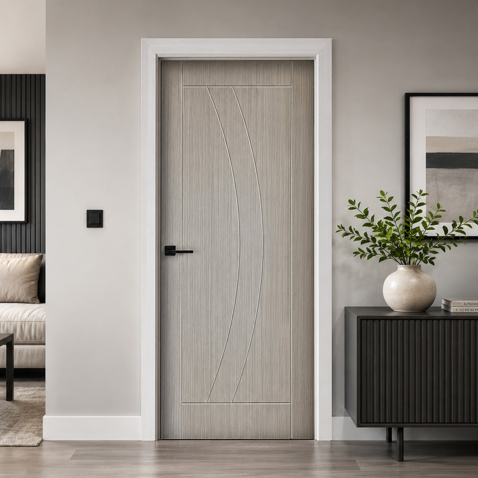 Modern Salerno Nova Grey panelled 35mm  pre-finished laminate door in a home setting with decor elements.