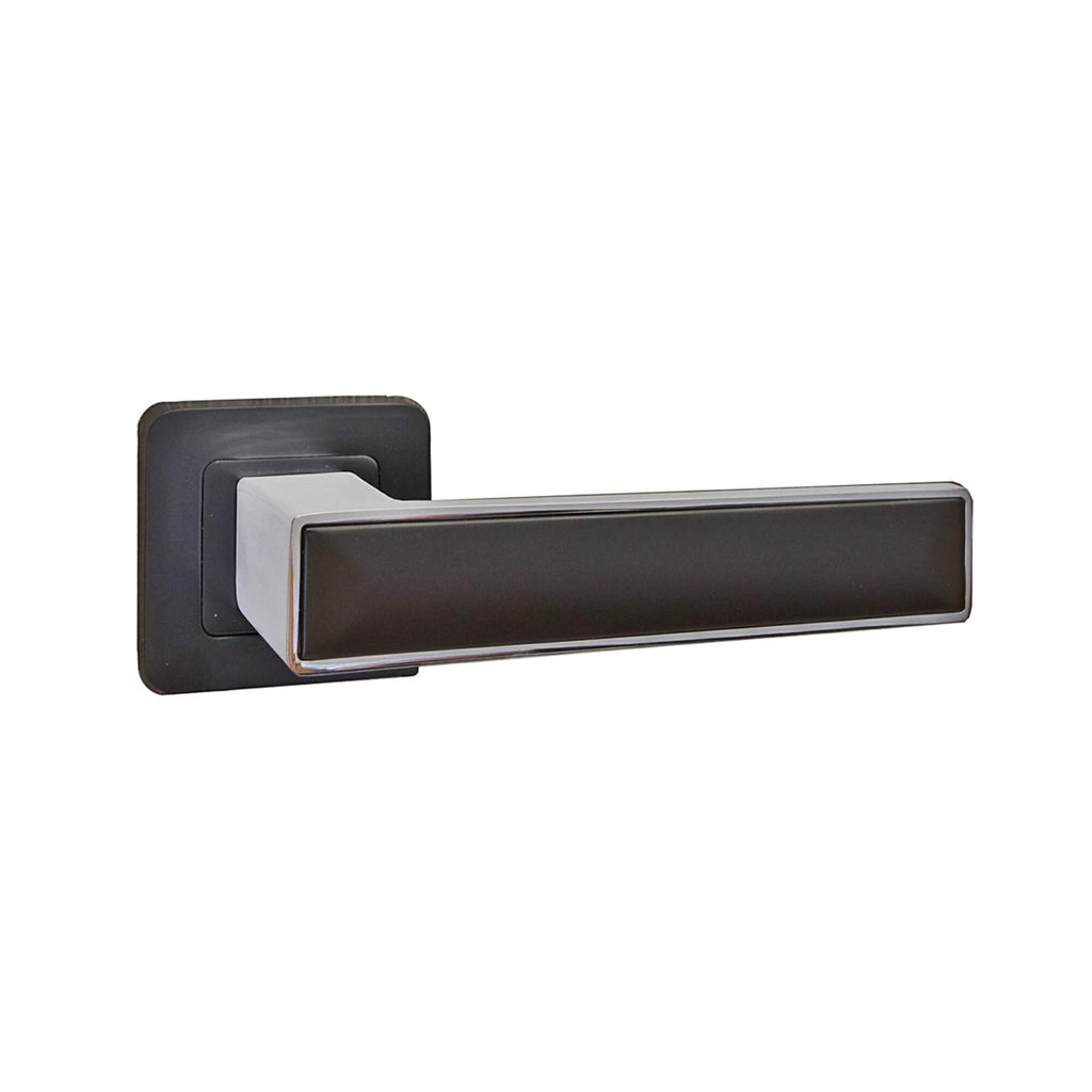 An Alto Flat Black & Chrome Plated Square Rose door handle on a white background
