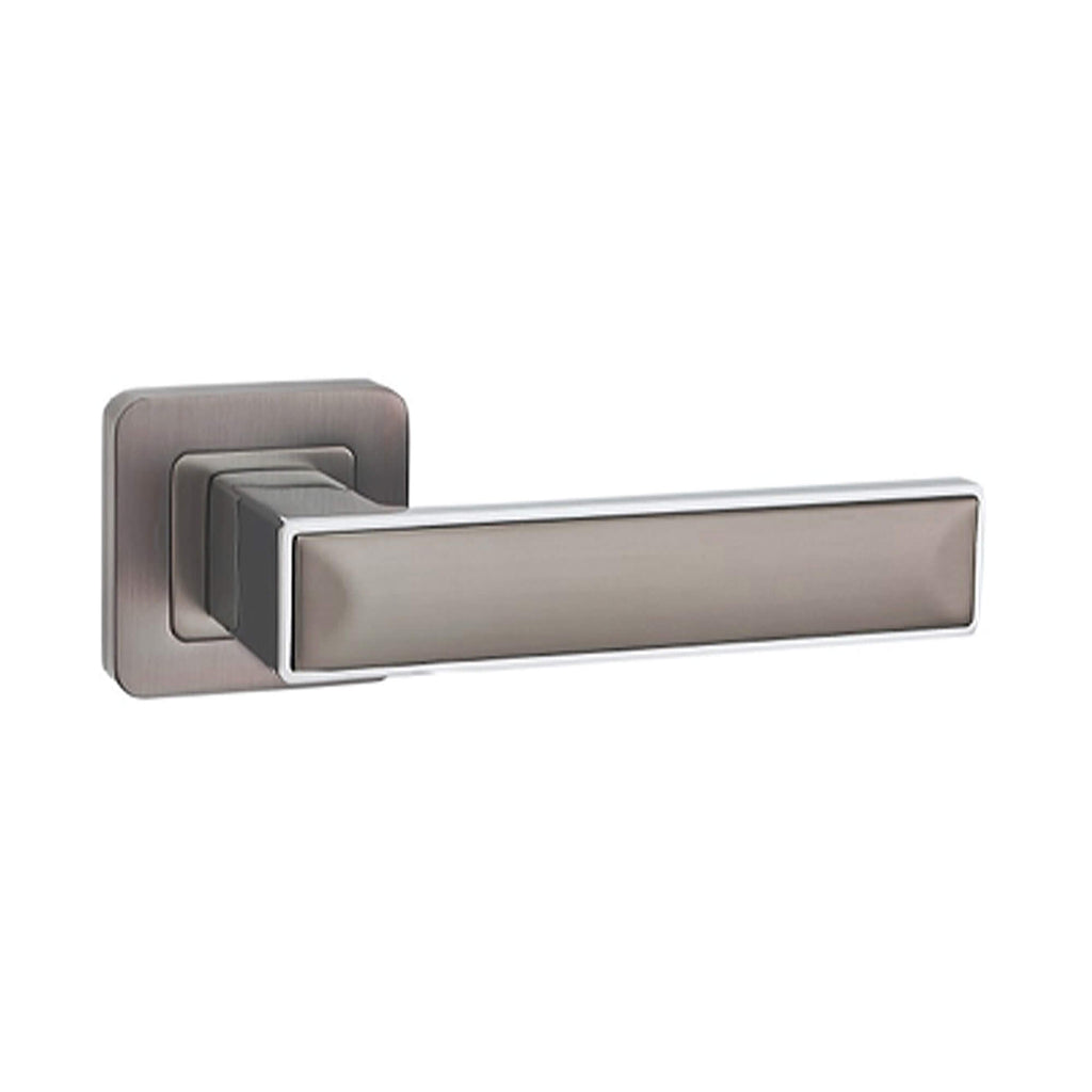 An Alto Matt Satin Black & Polished Chrome Square Rose Handle on a white background