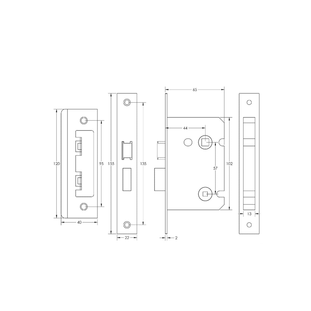 Technical drawing of a 65mm WC Bathroom Lock