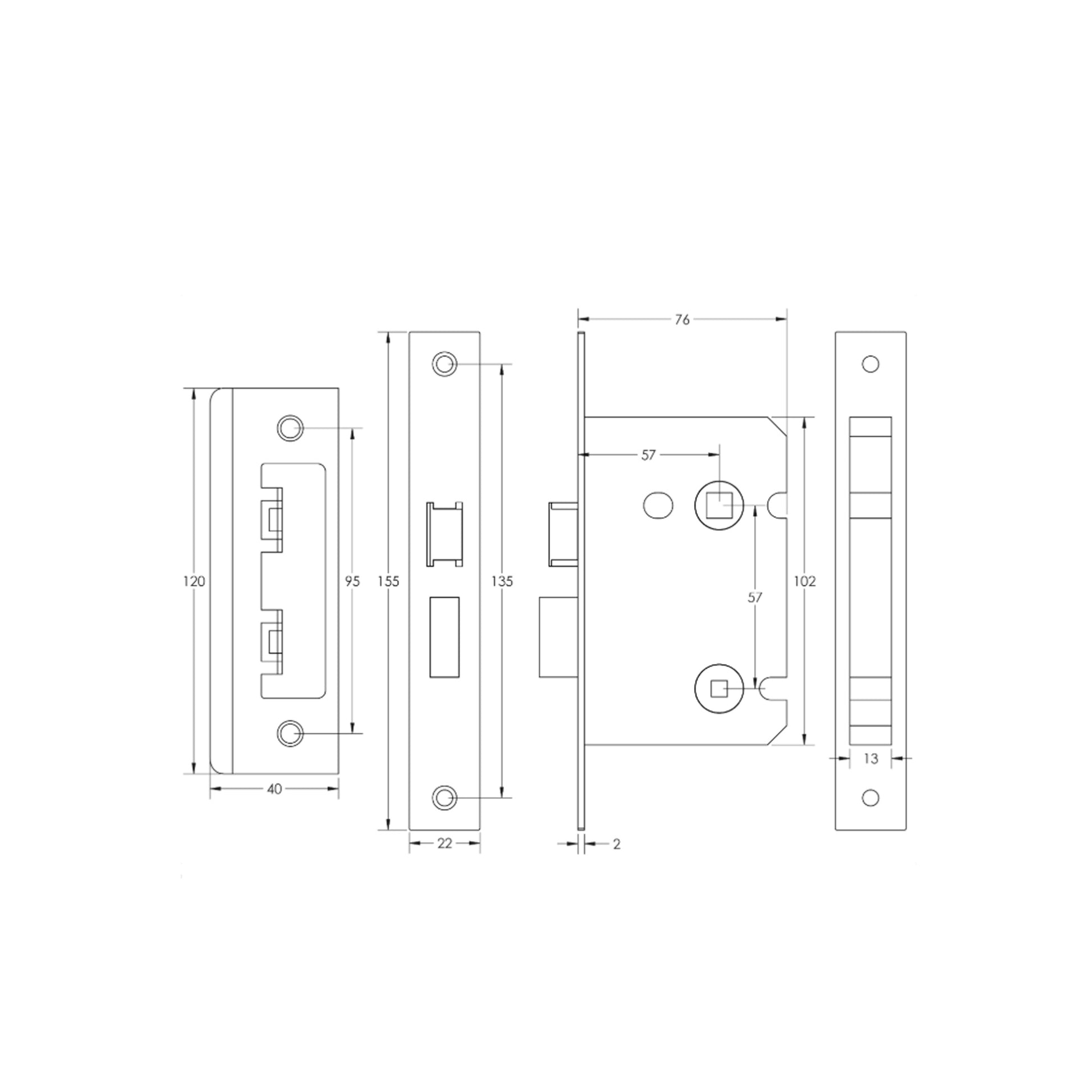 Technical drawing of a 76mm WC Bathroom Lock
