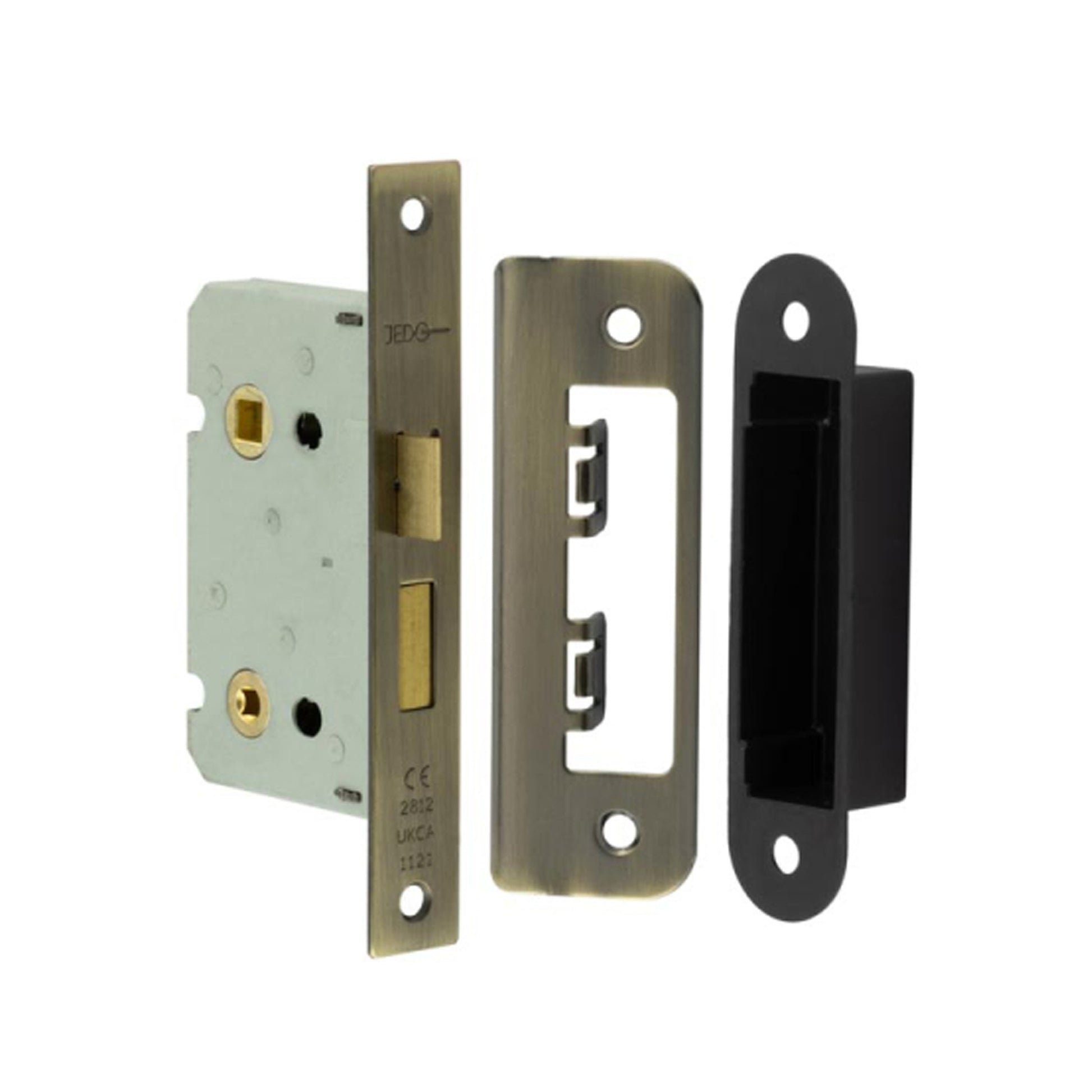 Components of a Antique Brass WC Bathroom Lock on a white background.