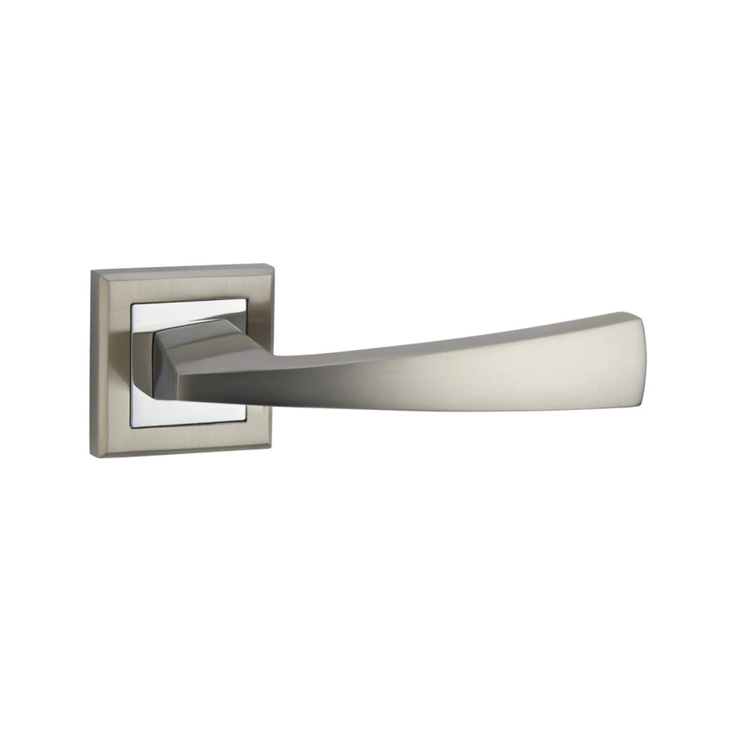 An Arcus Nickel Brushed & Polished Chrome Square Rose door handle on a white background.