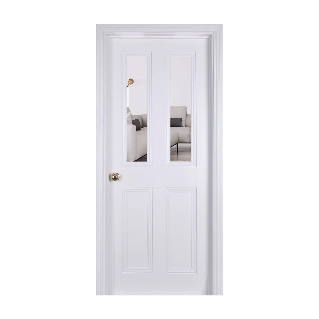 An Ardmore White Primed 2 Lite Pre-Glazed 40mm Internal Door showing a living room interior on a white background.