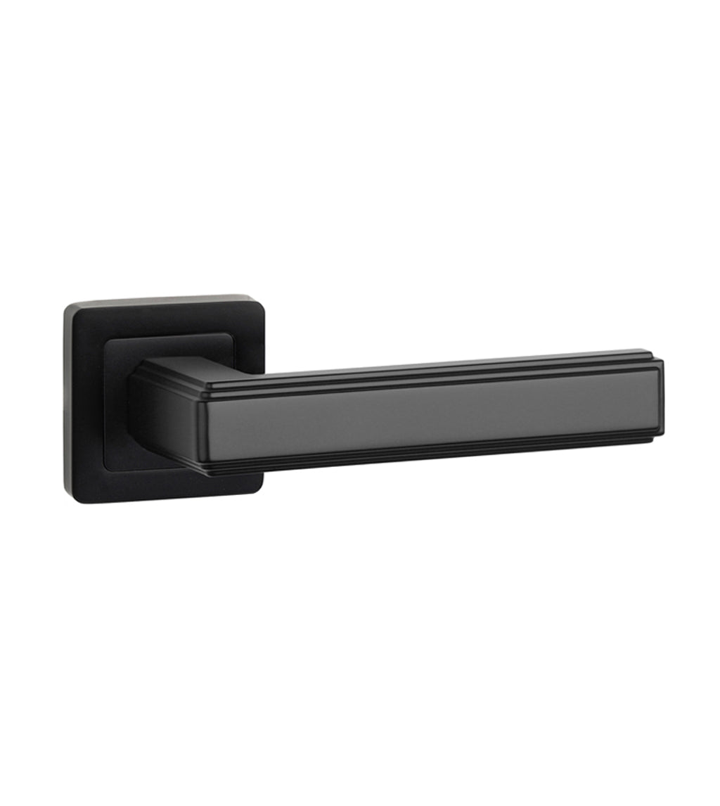 The Ares Flat Black Square Rose door handle on a white background