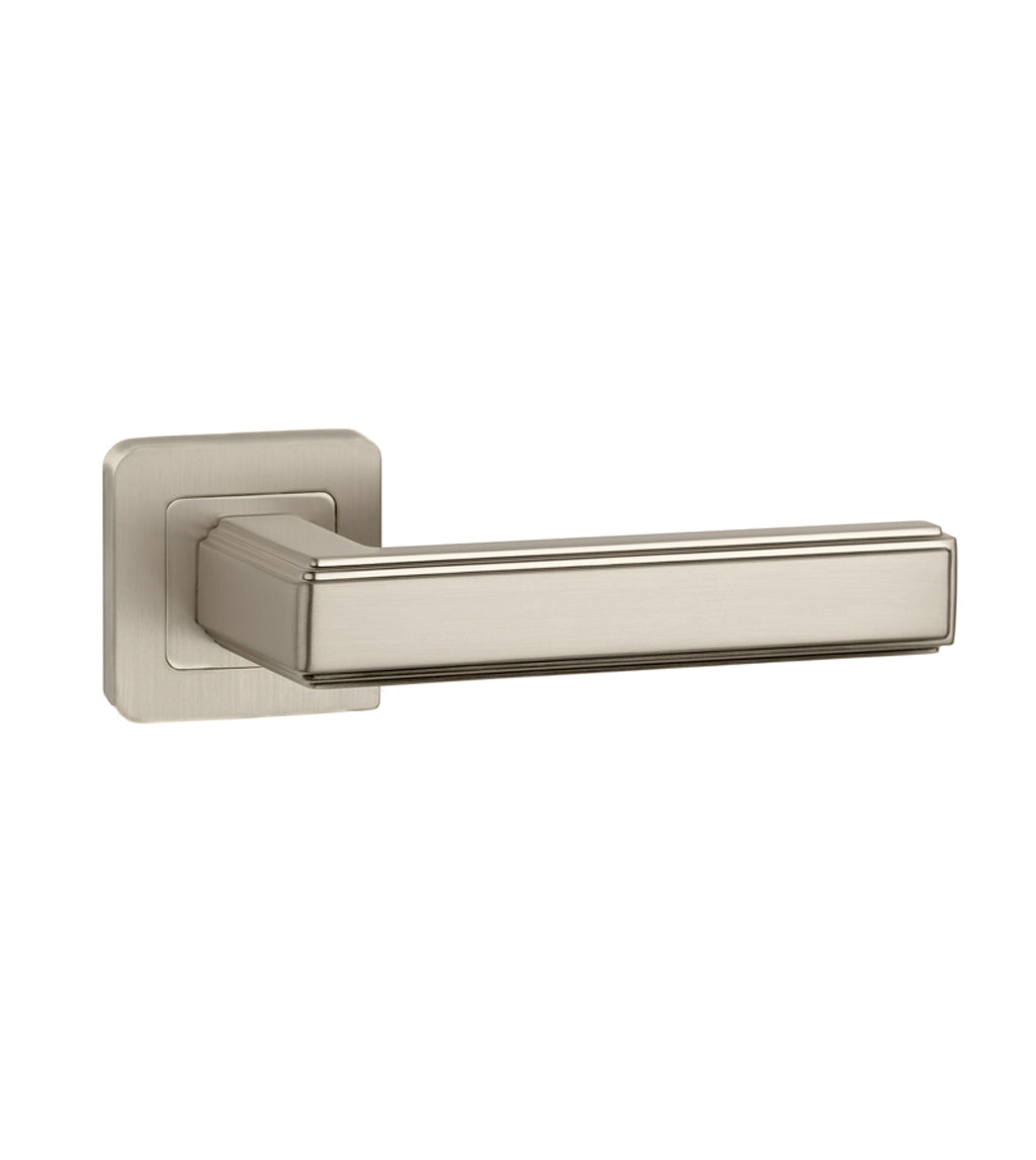 An Ares Matt Satin Nickel Square Rose door handle on a white background