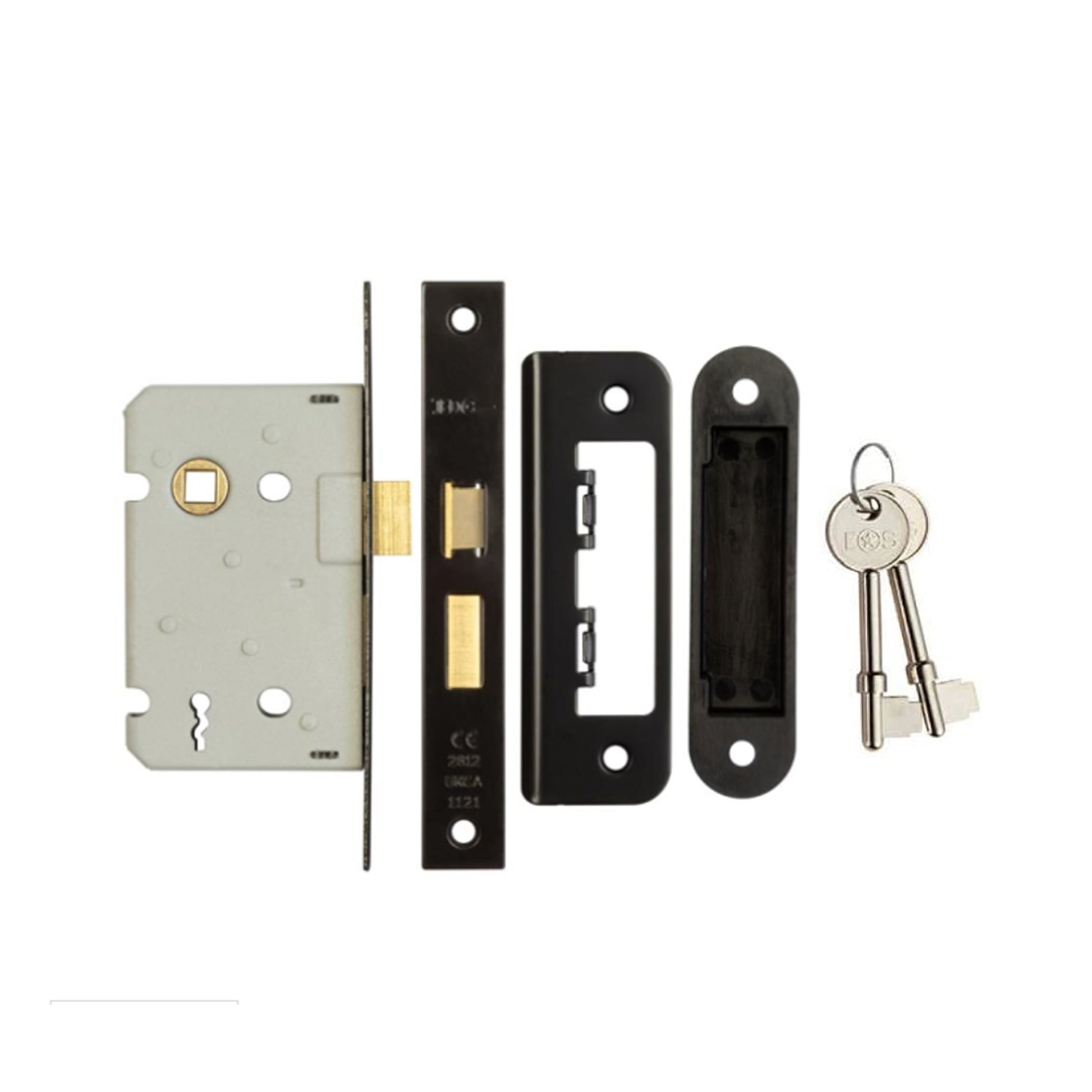 View of the components of a Black 3 Lever Lock on a white background.