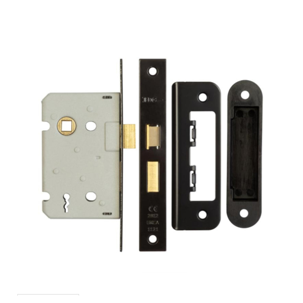 View of the components of a Black 3 Lever Lock.
