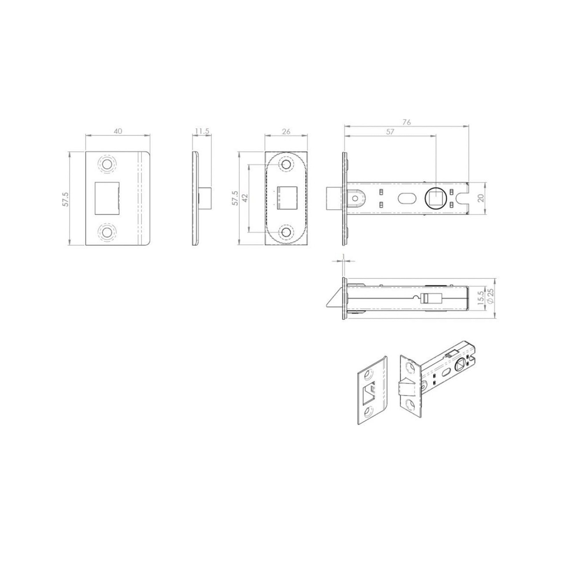 Technical Drawing of a Black Bolt Through Tubular Latch
