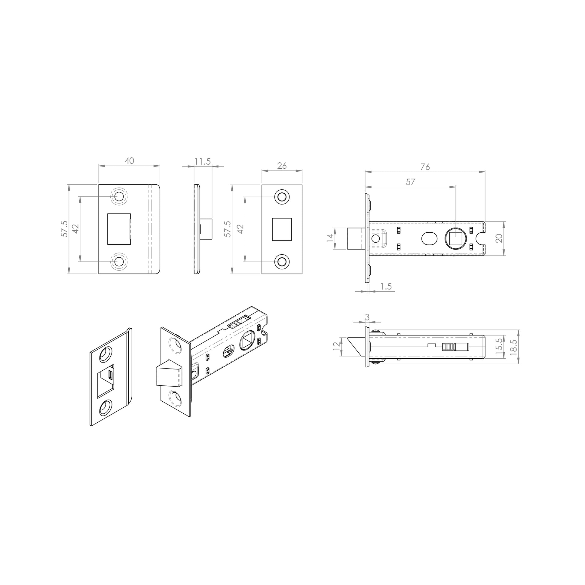 Technical drawing of a 76mm Black Bolt Through Tubular Latch on a white background.