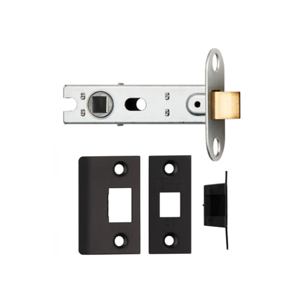Black Bolt Through Tubular Latch mechanism on a white background