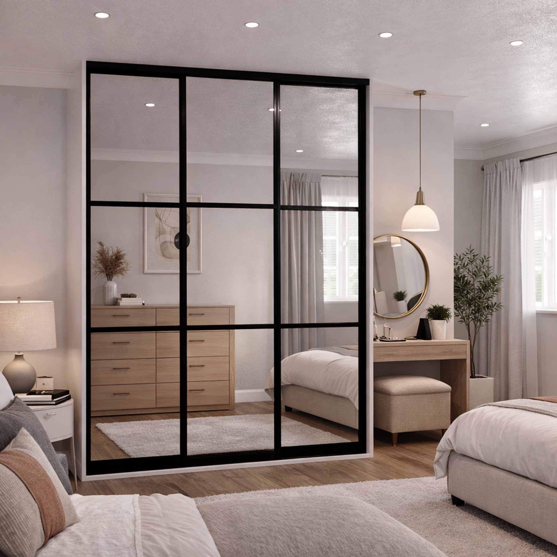 Modern bedroom with Black Framed Mirrored Doors on a wardrobe.