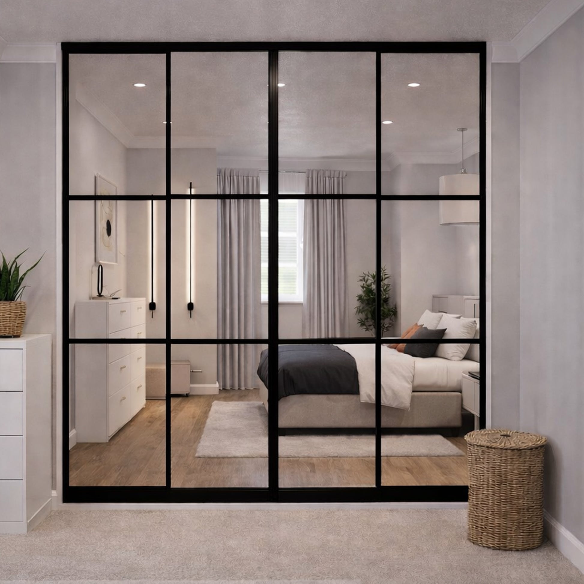 Modern interior designed bedroom  with Black Framed Mirrored Doors in an enclave.