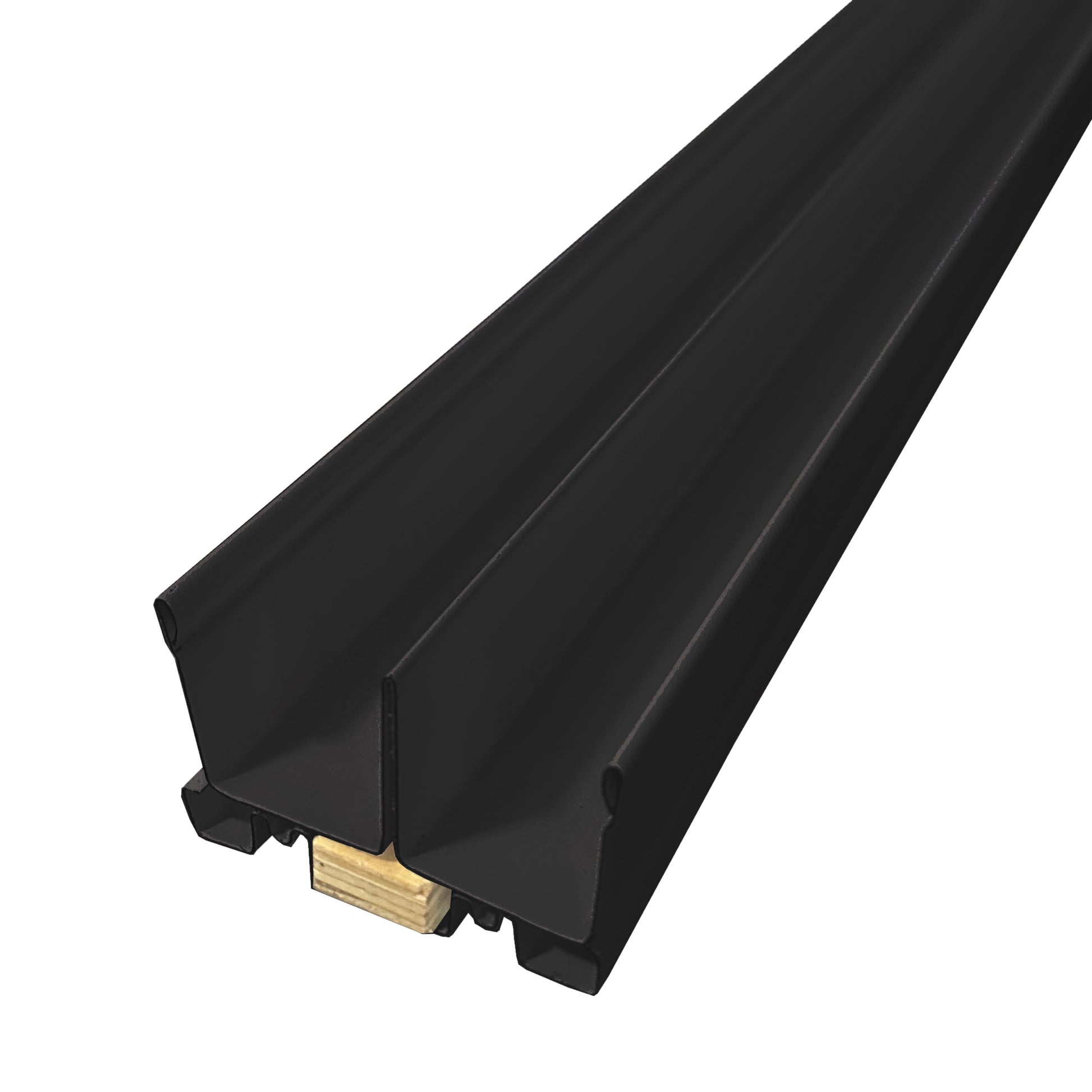 An underneath view of a Black Mirror Door Track on a white background