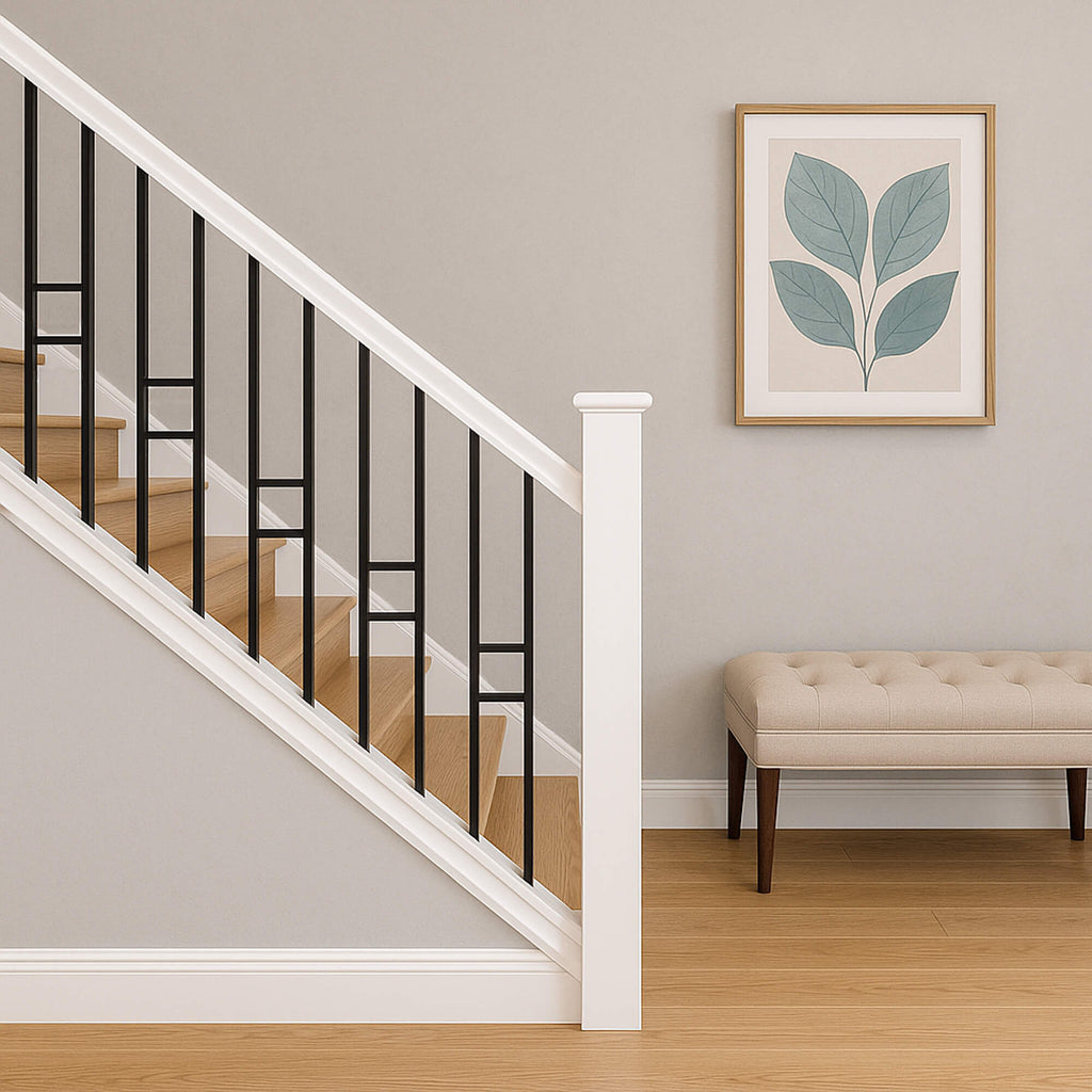 Black Modern Square Spindles on a white primed staircase in a modern home setting.