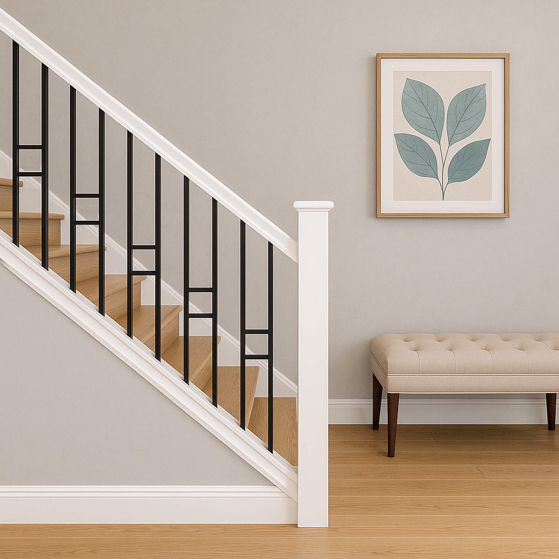 Black Modern Square Spindles on a white primed staircase in a modern home setting.
