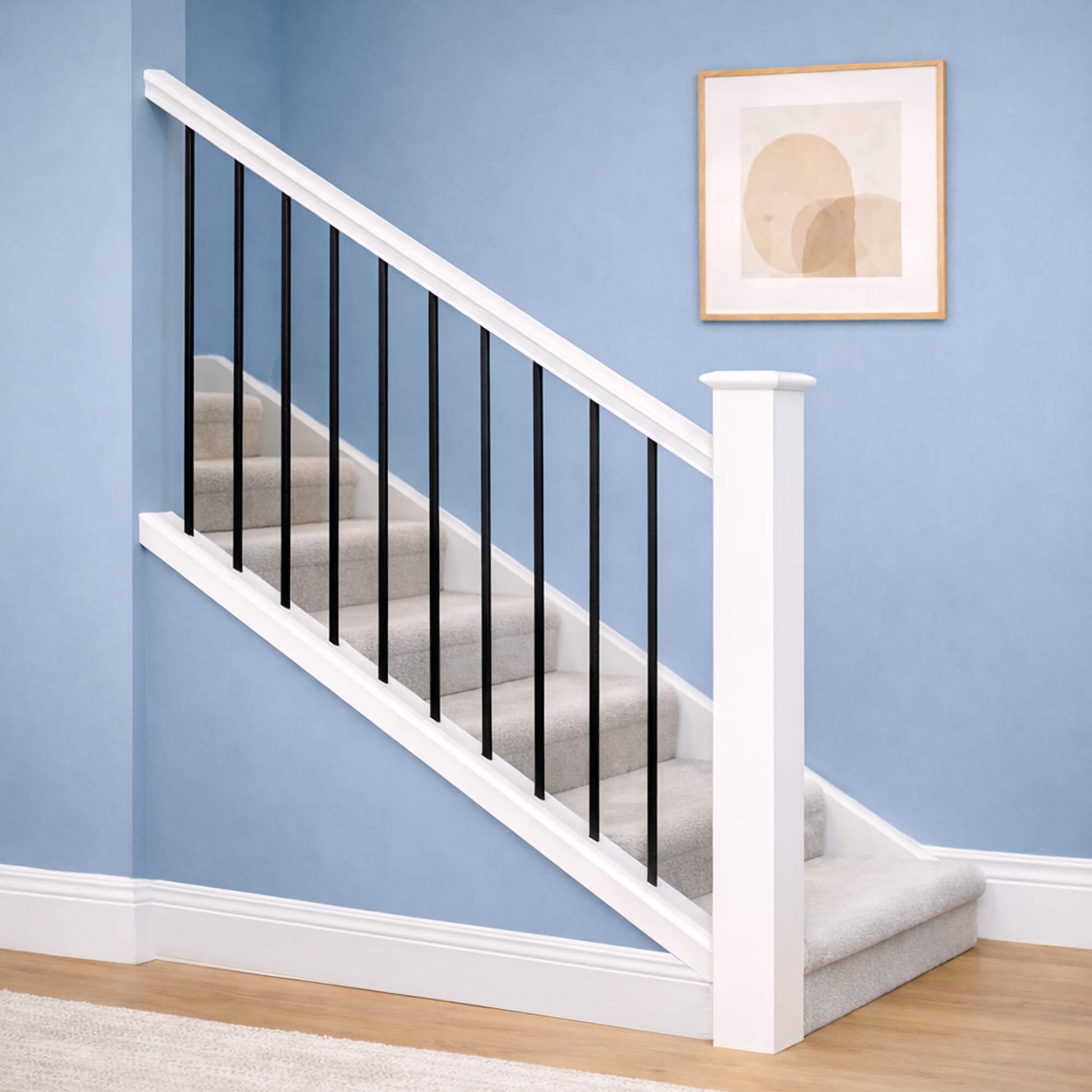 Black Plain Square Spindles on a White Primed Staircase