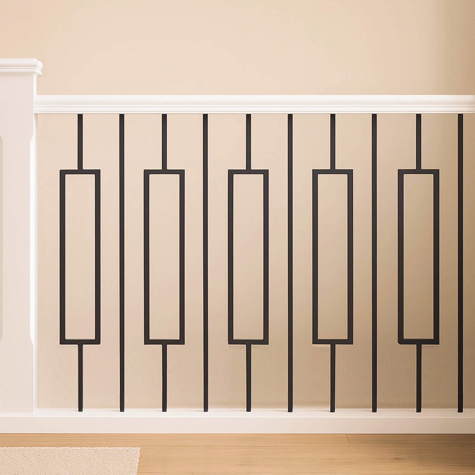 Black Rectangle Spindles with a white primed baseball, handrail and newel post on a home landing.