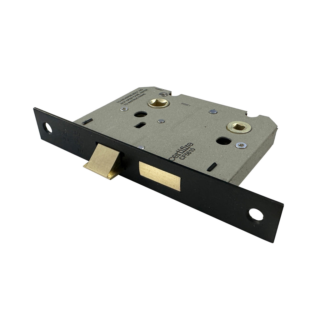 Angled view of a Black WC Bathroom Lock  on a white background.