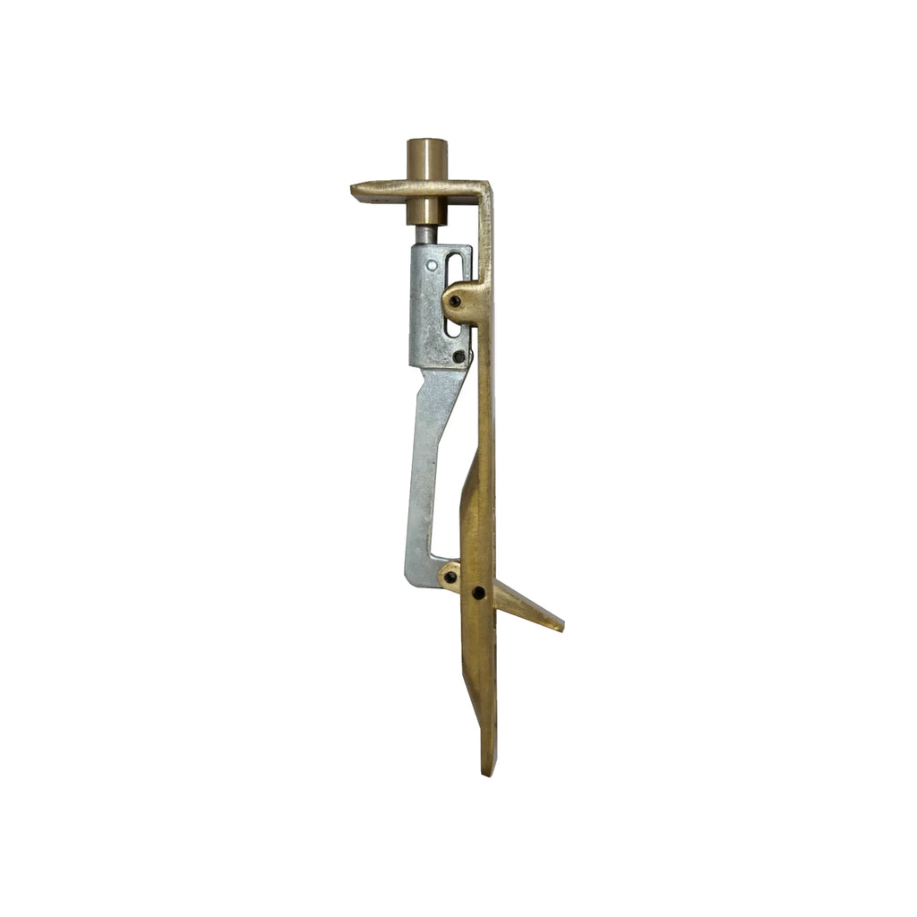 A side profile of a Brass 6" Flush Bolt on a white background