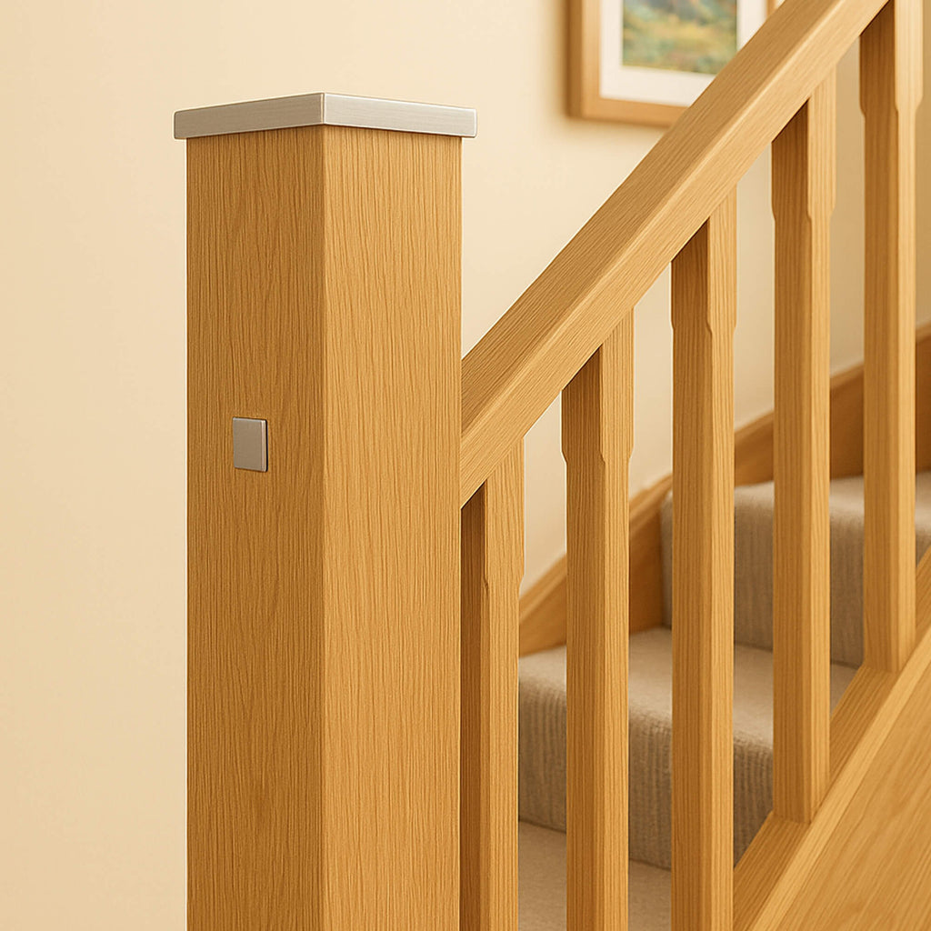 Wooden staircase with handrail and newel post with a Brushed Nickle Newel Cap against a beige wall.
