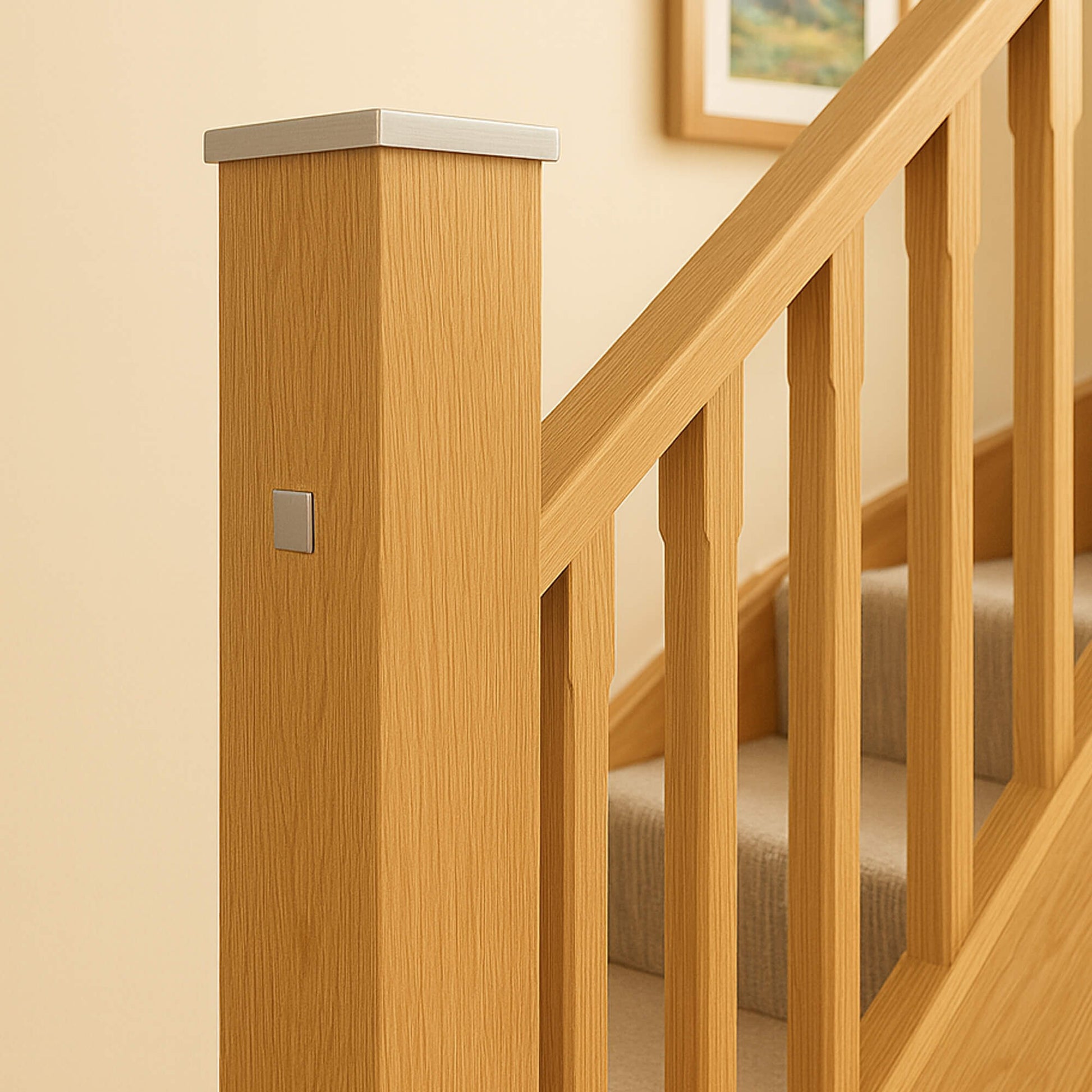 Wooden staircase with handrail and newel post with a Brushed Nickle Newel Cap against a beige wall.