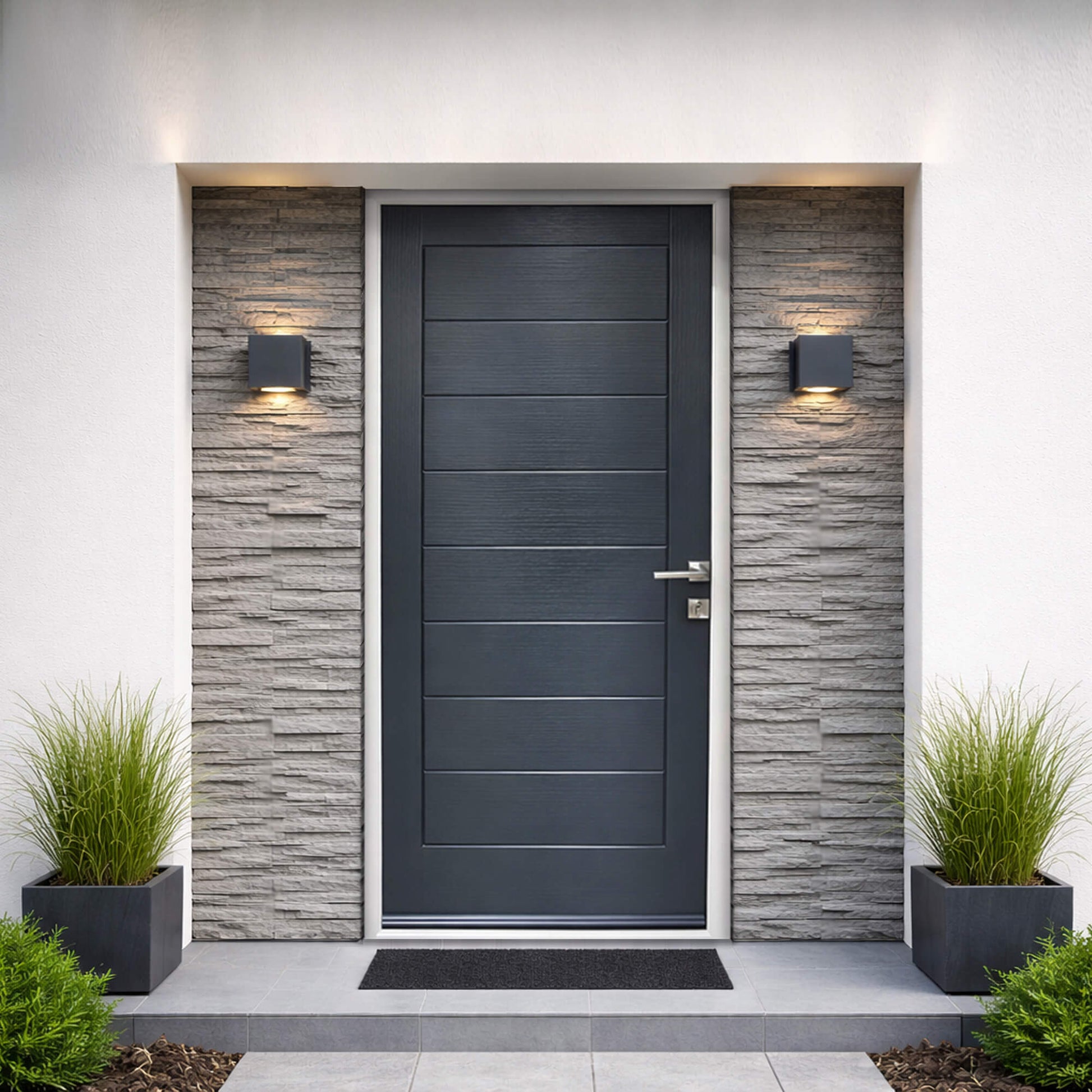 A Cannes Grey GRP composite door in a contemporary home with render finished walls.
