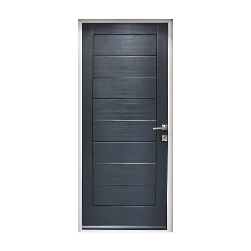 A Cannes Grey GRP External Door  with a white frame on a white background