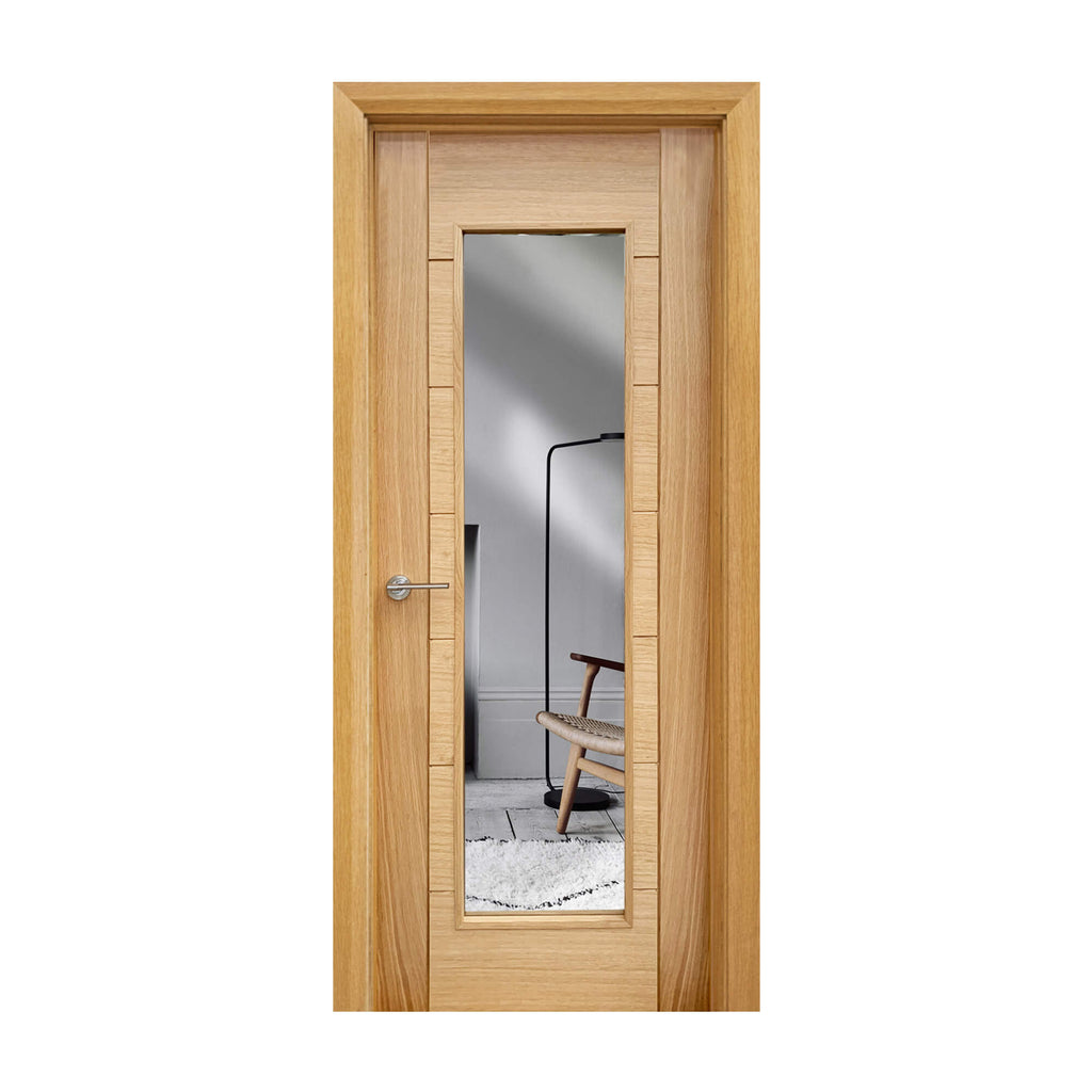 A Carini White Oak 1 Lite Pre-Glazed 35mm Internal Door, with a Velum handle,  on a white background.