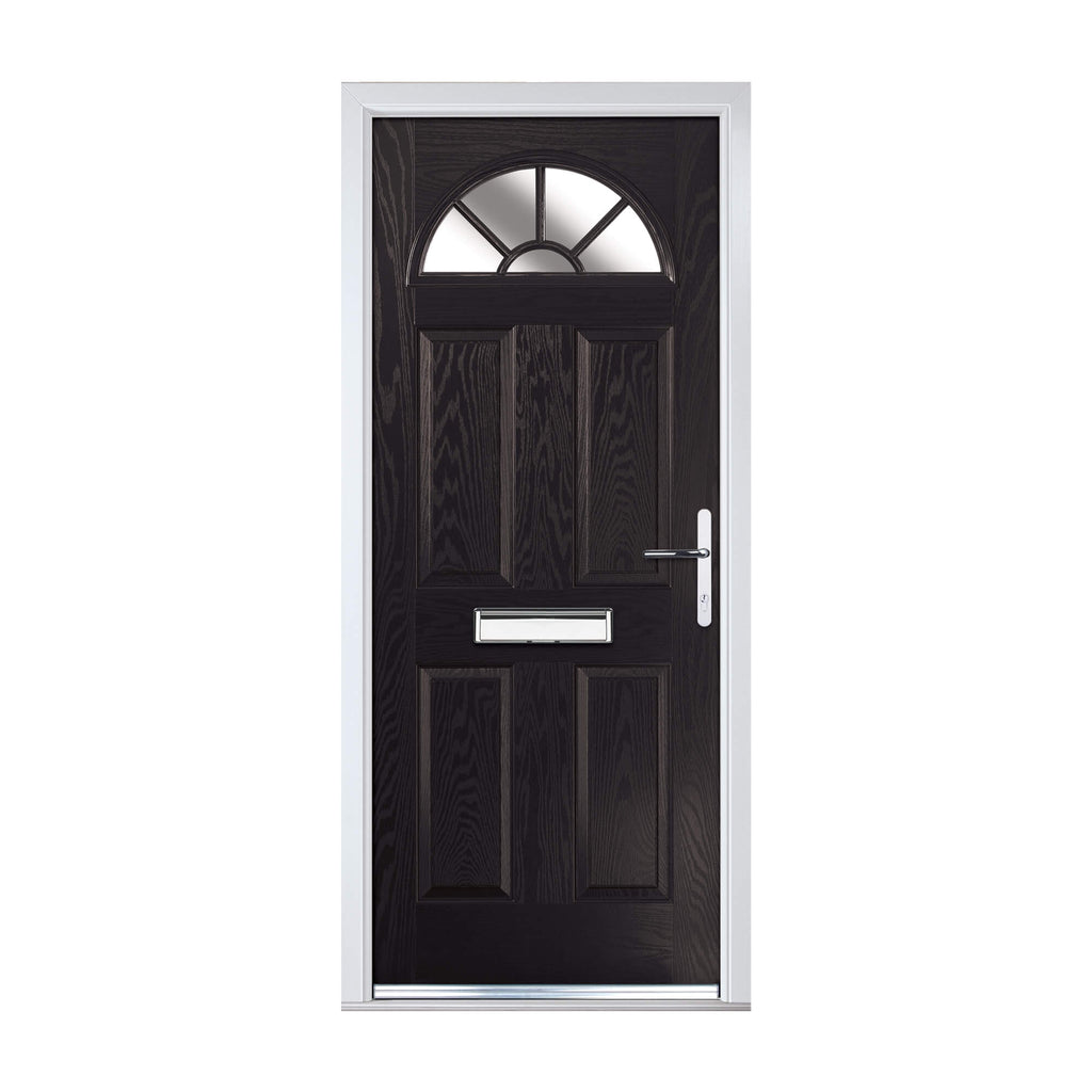 A black Carolina Composite GRP Door with  with a silver handle and letter plate on a white background