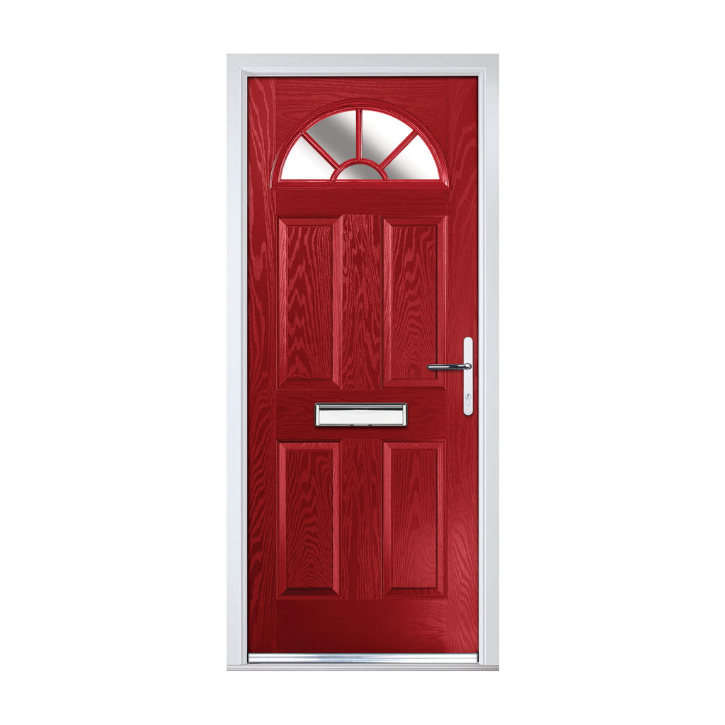 A dark red Carolina Composite GRP Door with a white frame on a white background