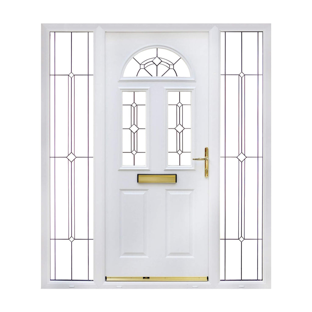 A white Carolina Composite GRP Door with decorative glass panels with glazed sidelights on a white background.