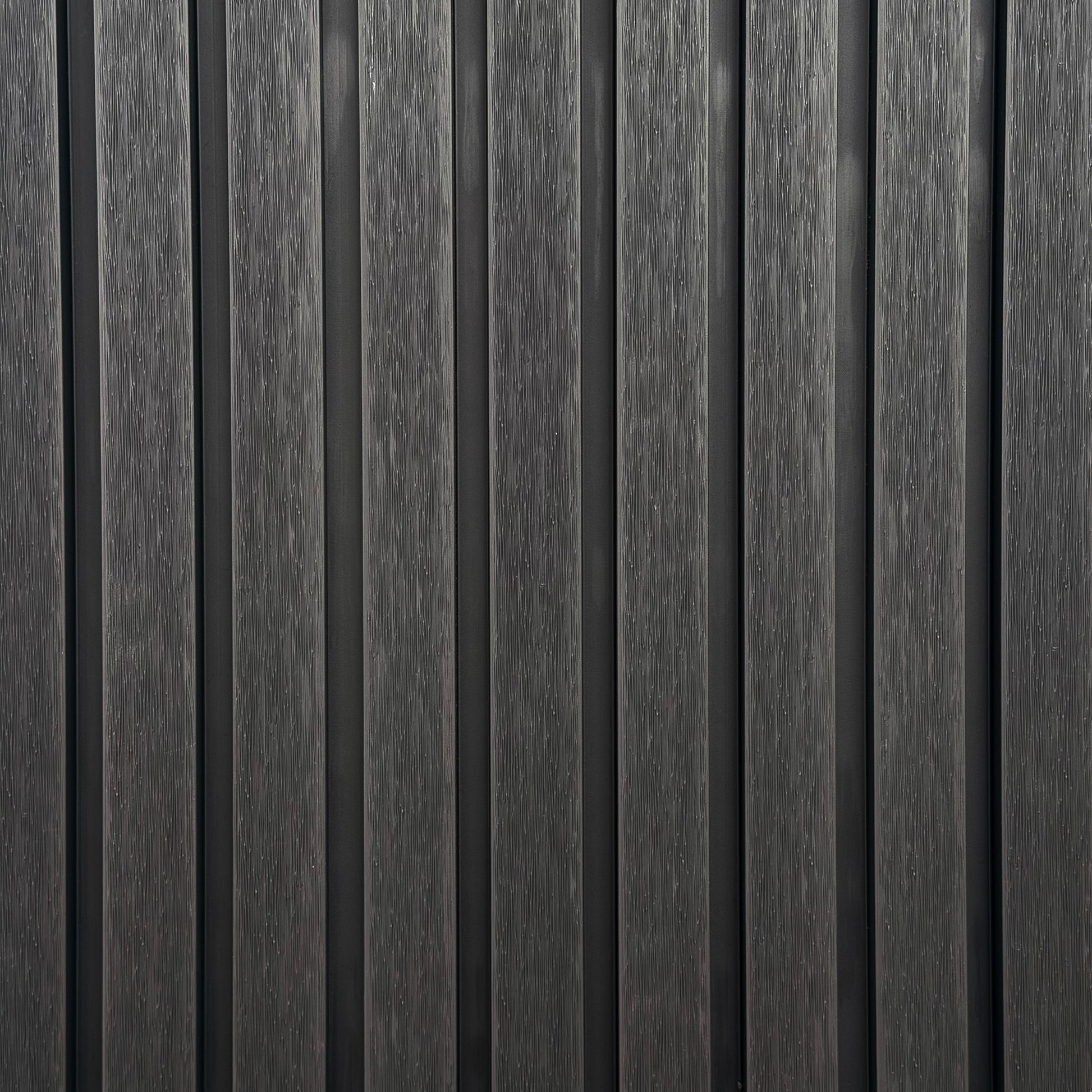 Close-up of the woodgrain texture and slat wall design of the Charcoal External Slatwall Cladding.