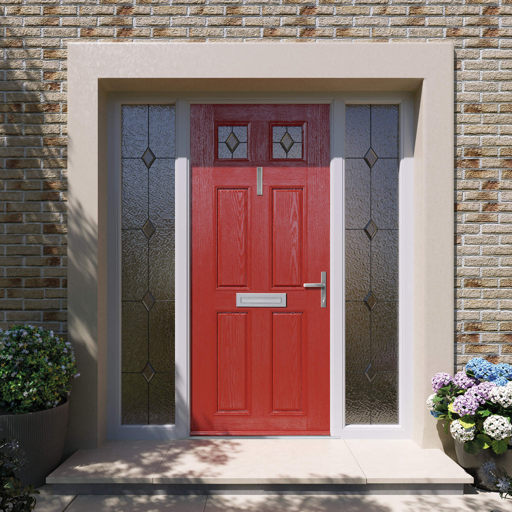 A Red 6 Panel Colonial Composite GRP Door with decorative glass panelled sidelights and 2 glazed square top panels on a home front exterior.