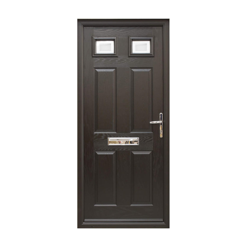 A Black 6 Panel Colonial Composite GRP Door with two top positioned glass panels on a white background.