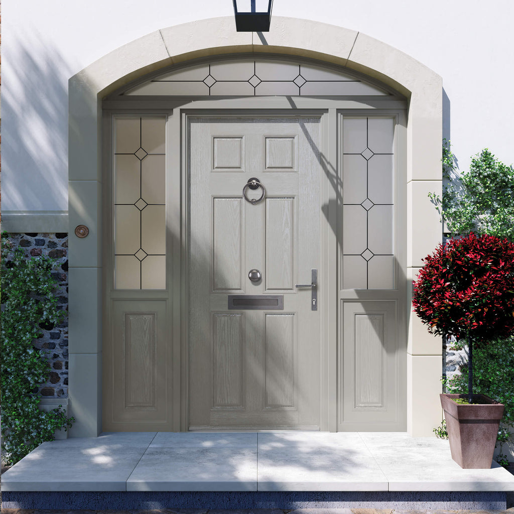 A Light Grey 6 Panel Colonial Composite GRP Door with decorative glass panelled sidelights on a home front exterior