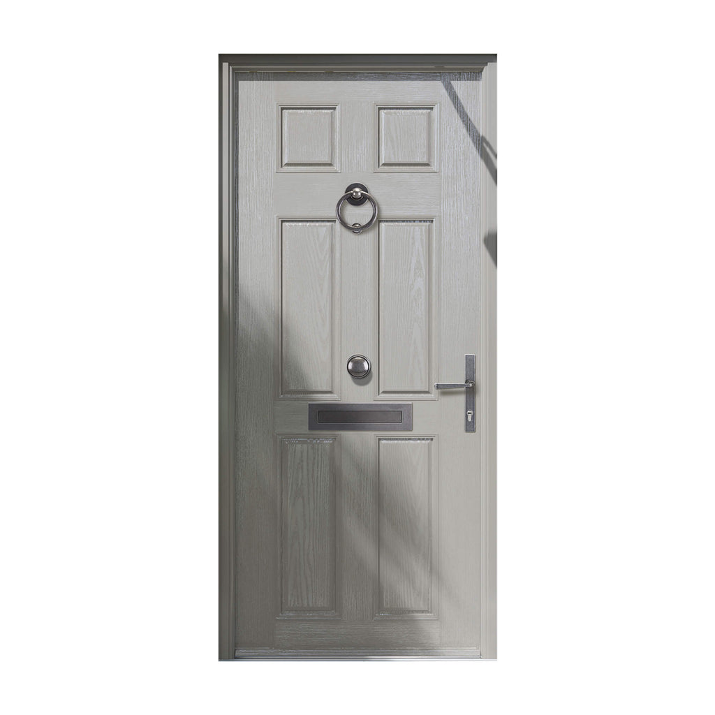 A Light Grey 6 Panel Colonial Composite GRP External Door with a silver doorknob and mail slot on a white background