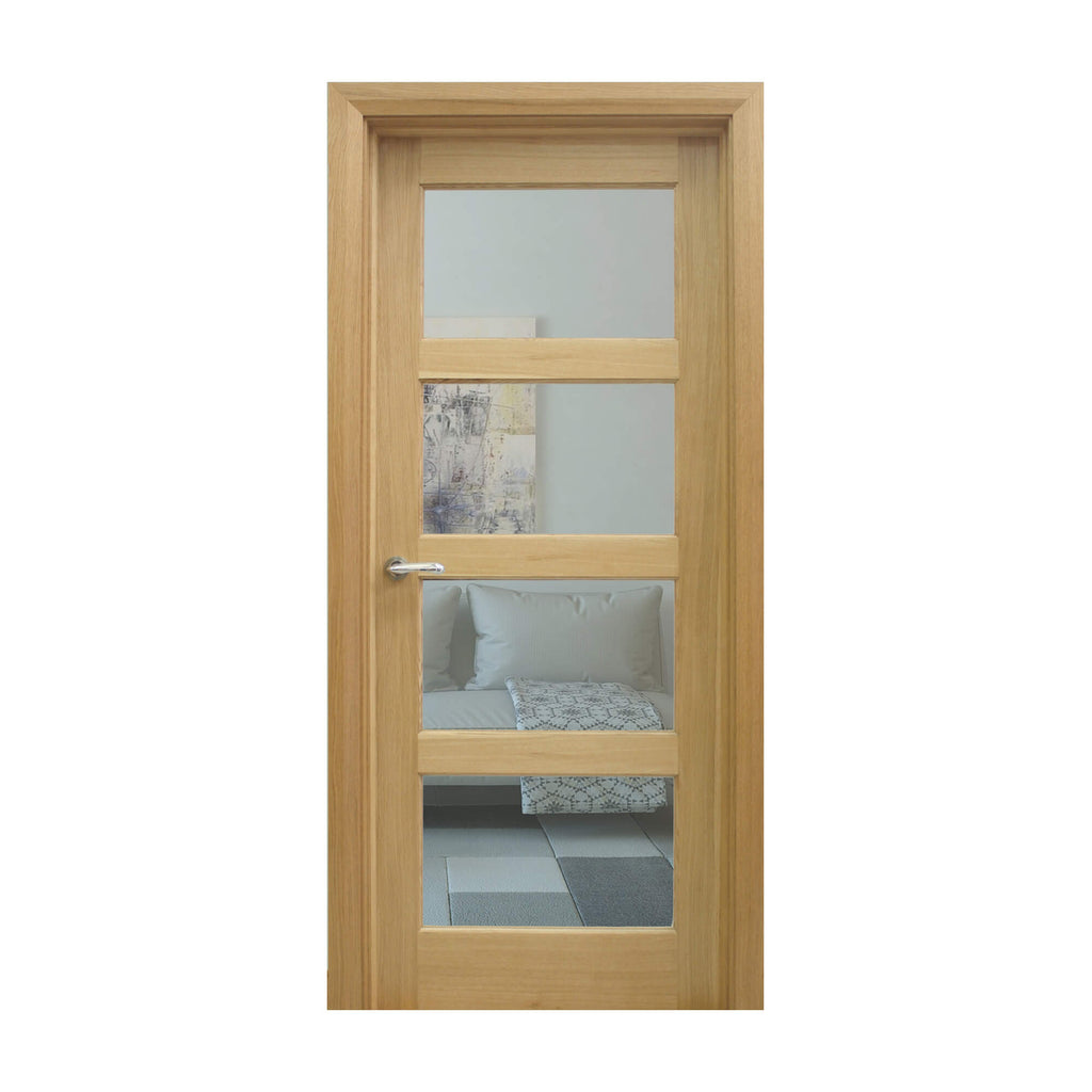 A Contemporary White Oak 4 Lite Unglazed Internal 40mm Door, with 4mm clear toughened glass inserts, on a white background.